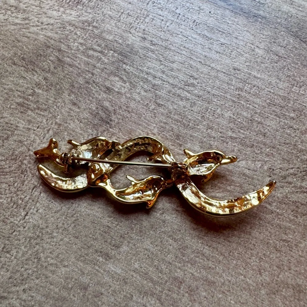 Swimming Dolphins Riding Rhinestone Wave Pin Brooch 2 Tone Costume Unsigned